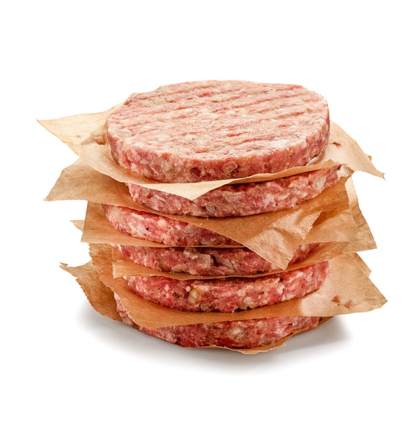 Grass fed beef burgers (un-aged, quick frozen, gluten free)