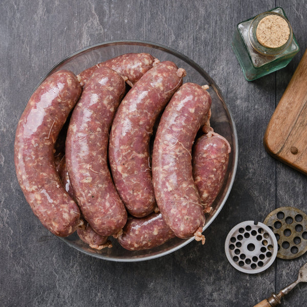 Grass Fed Beef & herb sausages, (quick frozen, un-aged, additive free, gluten free, onion-free)