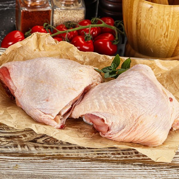 Free Range Chicken Thigh (quick frozen, un-aged, bone-in, skin on)