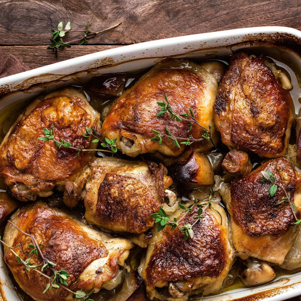 Free Range Chicken Thigh on the bone (quick frozen, un-aged, bone-in, skin on)