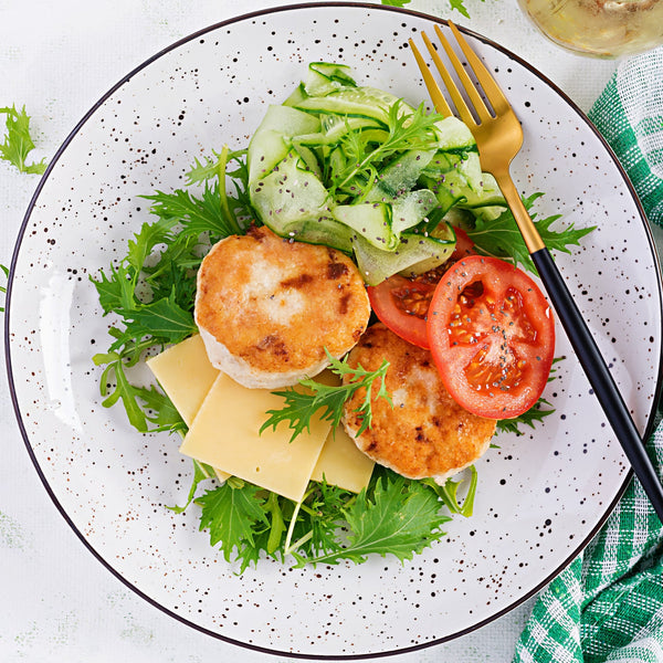 Free Range Chicken Burgers with tarragon, garlic & ginger (quick frozen, un-aged, grain free, no rusk, 97% Chicken)