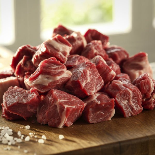Grass Fed Beef diced chuck steak casserole cubes (quick frozen, un-aged)