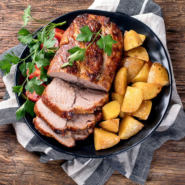 Pasture raised Free range Italian style Pork Shoulder with crackling- boned and rolled with garlic and herbs (frozen)