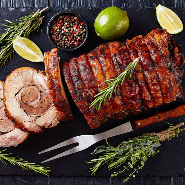 Pasture raised free range pork Porchetta stuffed with rosemary, thyme, sage, fennel and lemon (frozen)