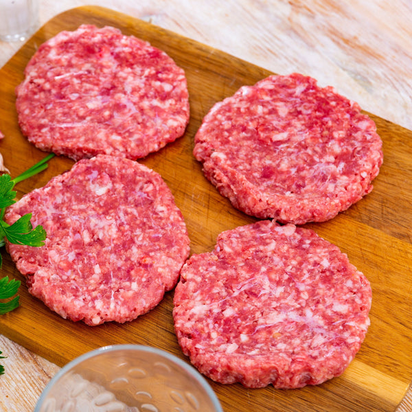 Pasture raised free Range Pork Just Pork burgers, (quick frozen, unaged, 100% pork, grain free, additive free, salt-free, quick frozen)