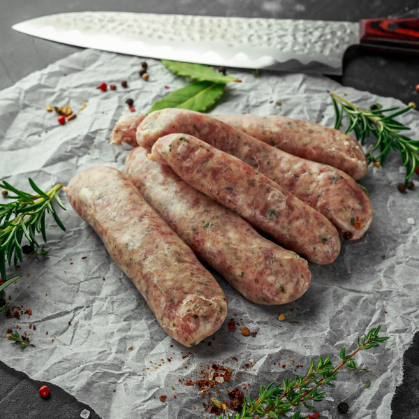 Irish Breakfast Pork Sausages - Free range pork, onion and thyme sausages (additive free, gluten free frozen)