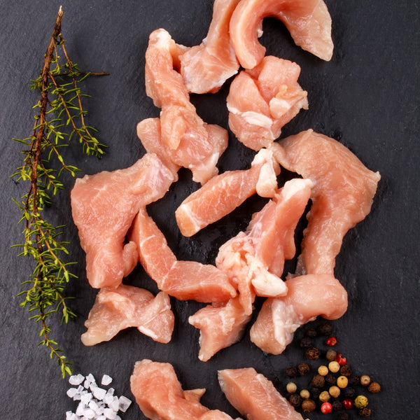 Pasture raised free range Pork stir-fry with tarragon, garlic, ginger and pink peppercorns (quick frozen, un-aged)