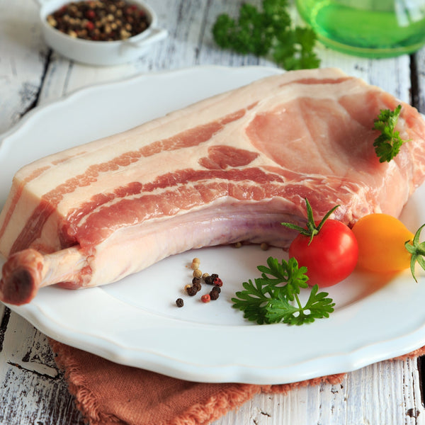 Pasture raised free range pork Tomahawk steak on the bone w/crackling (quick frozen, unaged)