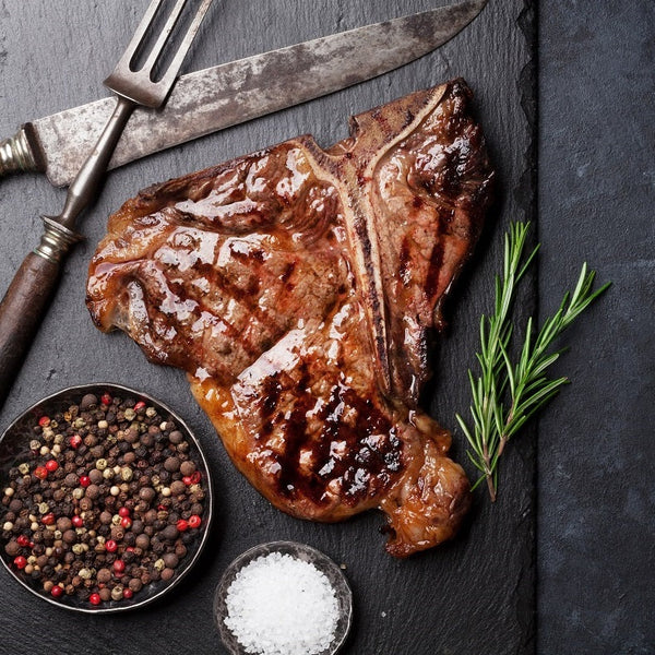 Grass fed beef t bone thick cut sharing steak